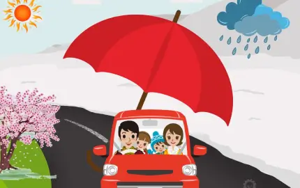 A cartoon illustration of a happy family driving a red car with a giant red umbrella covering them. The background shows contrasting weather conditions, with sunshine and blooming flowers on one side and rain with snowy mountains on the other, symbolizing protection in all seasons.