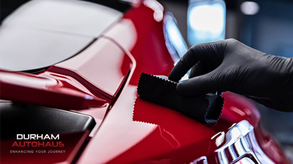 A gloved hand applies a ceramic coating to the glossy red surface of a car using a black cloth applicator. The high-shine finish reflects the shop lights, with ?Durham Autohaus ? Enhancing Your Journey? branding in the corner.